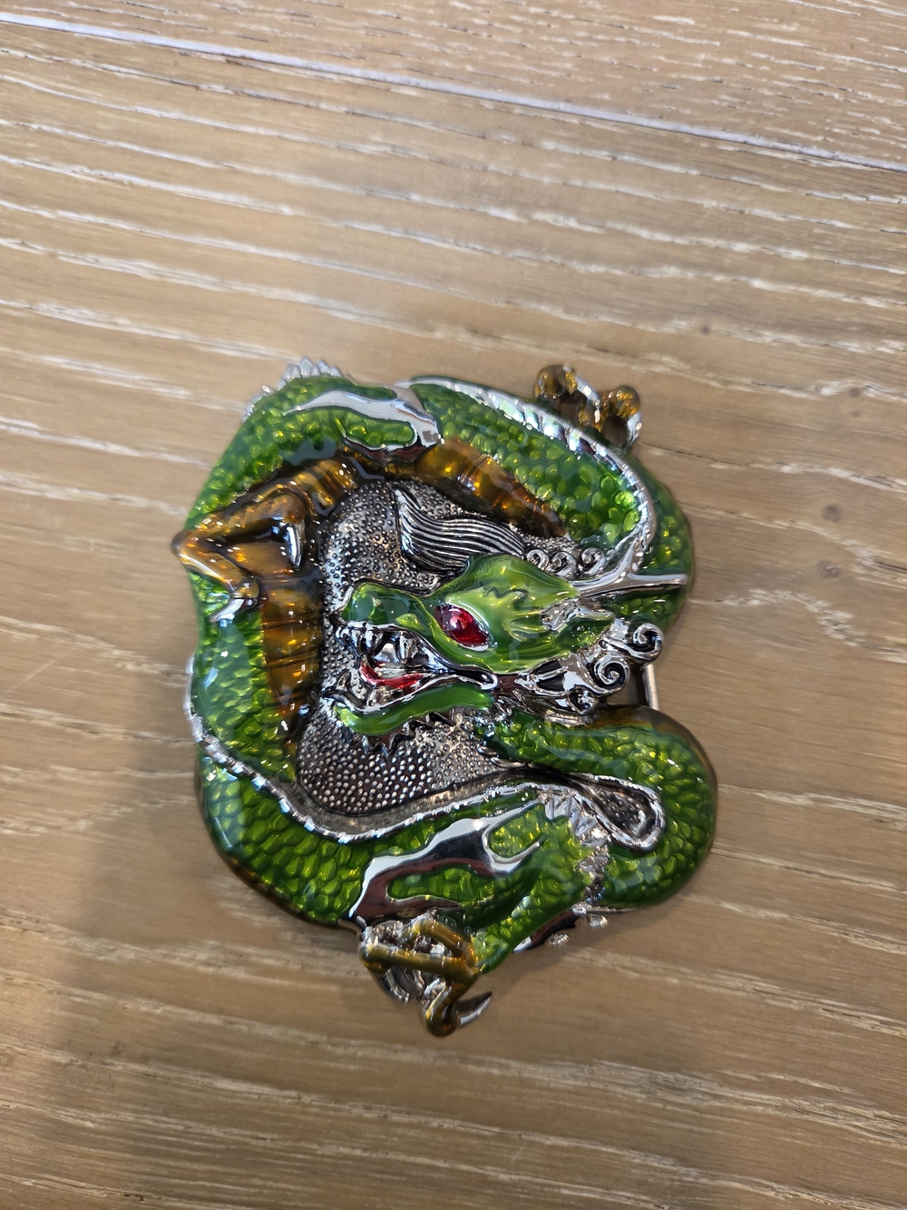 Green Enamel 3D Chinese Dragon Belt Buckle Red Eye Silver Tone